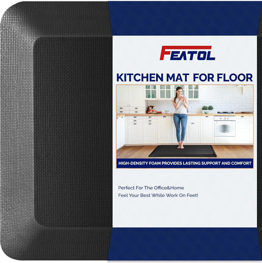 FEATOL Anti Fatigue Mat for Kitchen Floor – 9/10 Extra Thick Standing Cushioned Desk Mat Memory Foam, Ergonomic Floor Padded Comfort at Home, Kitchen, Office, Garage – NOT PVC (17" x 24", Black)