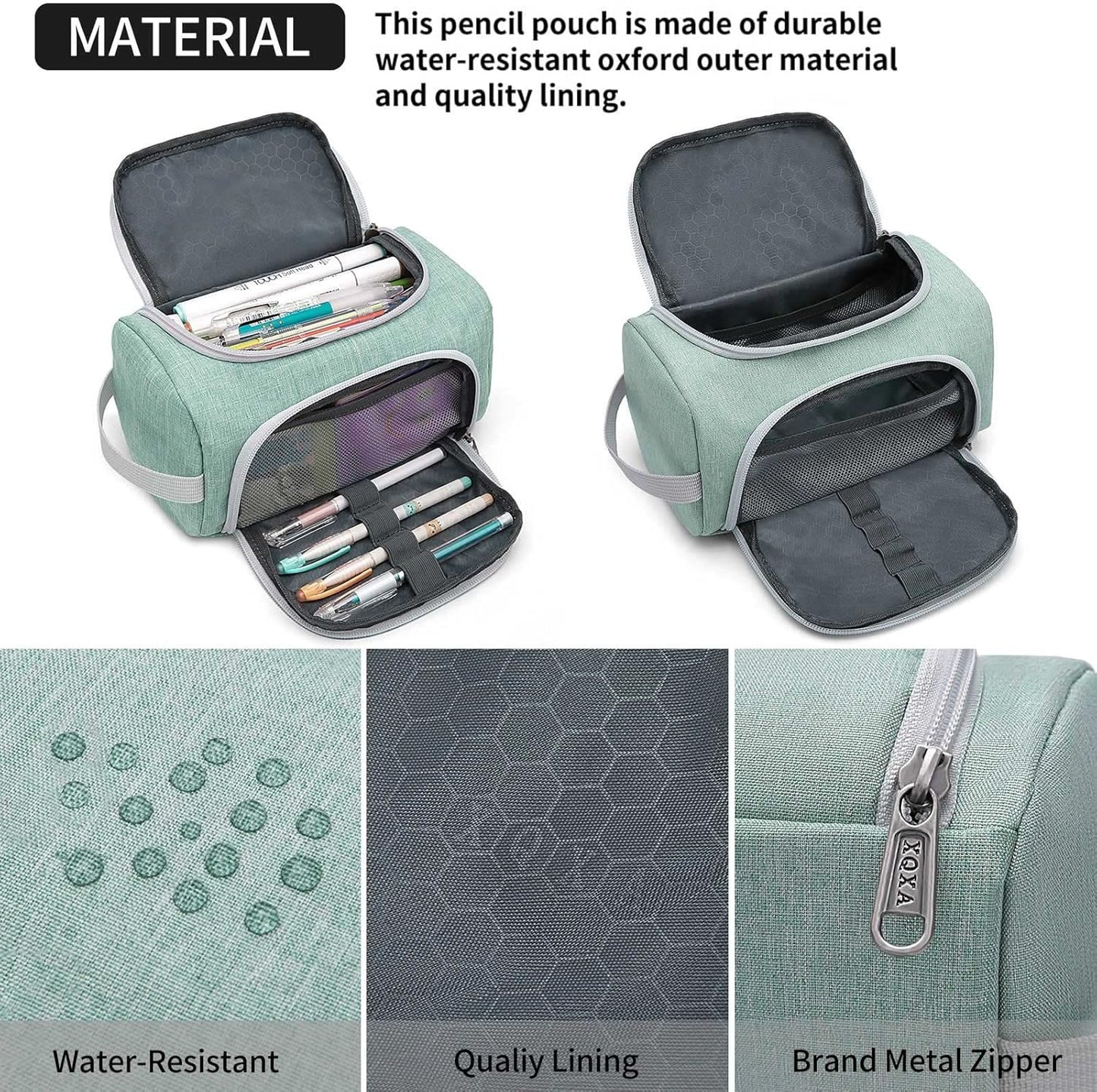XQXA Extra Large Capacity Pencil Case Organizer, Multifunctional Pencil Pouch with Compartmens, Travel Simple Stationery Bag, Nylon Pencil Bag for Adults (Green)
