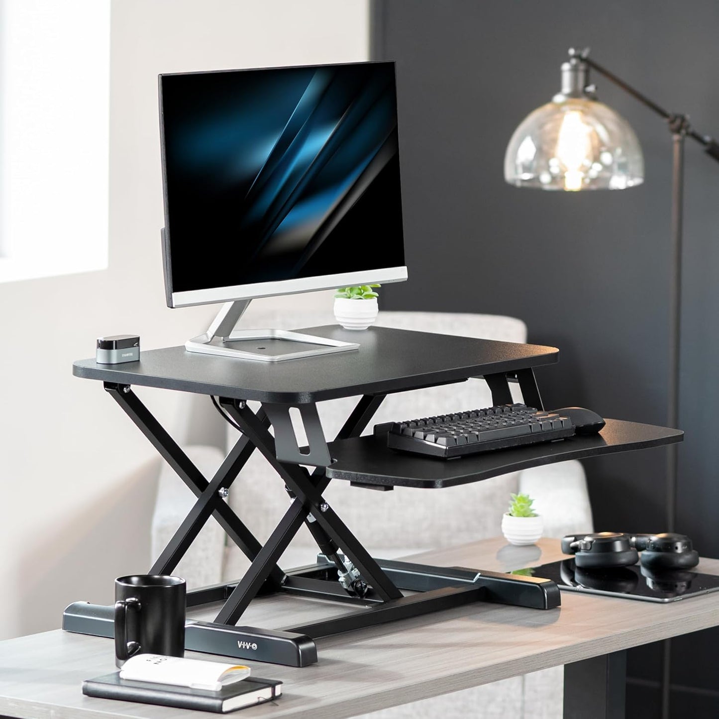 VIVO 26 inch Desk Converter, K Series, Height Adjustable Sit to Stand Riser, Dual Monitor and Laptop Workstation with Keyboard Tray, Black, DESK-V026KB