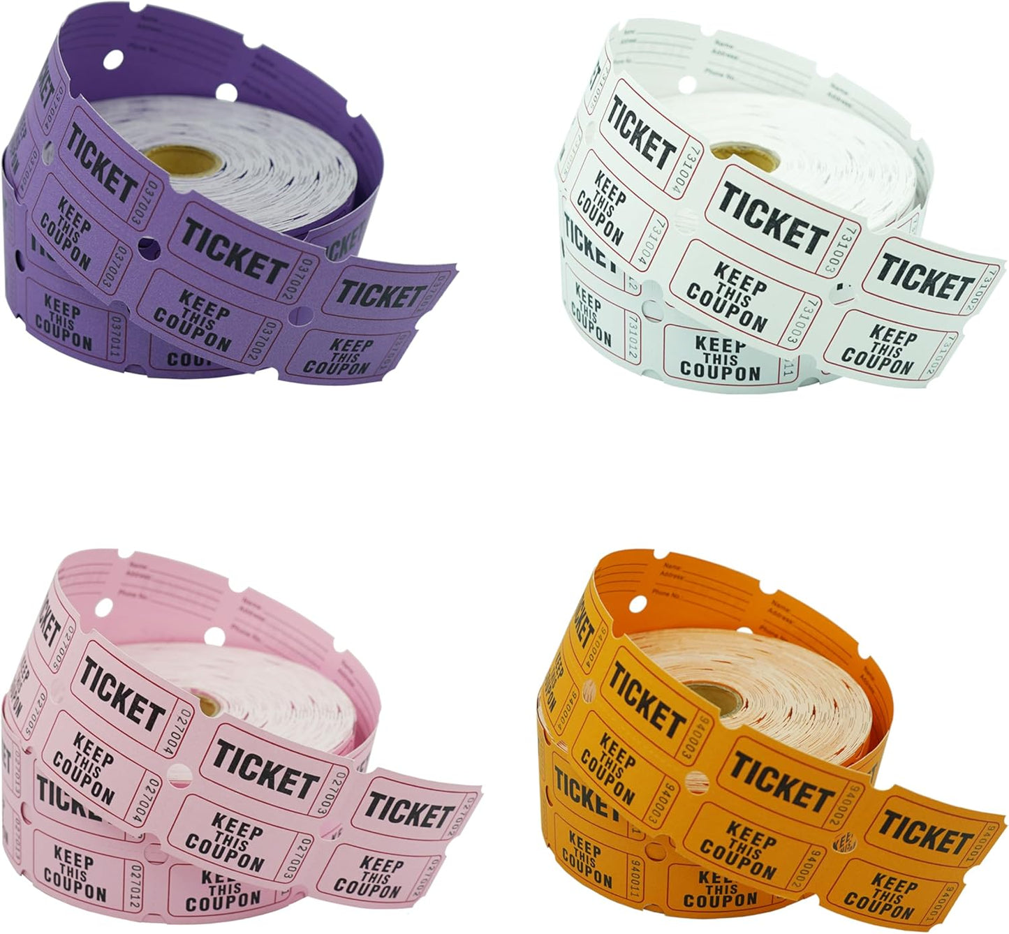 DNB 4000 Pairs Raffle Tickets - 4 Color Set of 1000 2 x 2 Inch 50/50 Double Roll Raffle Tickets - Purple/Pink/White/Orange