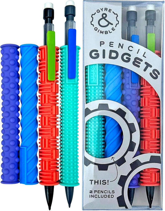 Gyre & Gimble Pencil Gidgets – Textured Silicone Pencil Sleeve for Quiet Fidgeting – Transform Your Mechanical Pencil into a Sensory ADHD Tool for Kids and Adults – 4 Sleeves & 2 Pencils