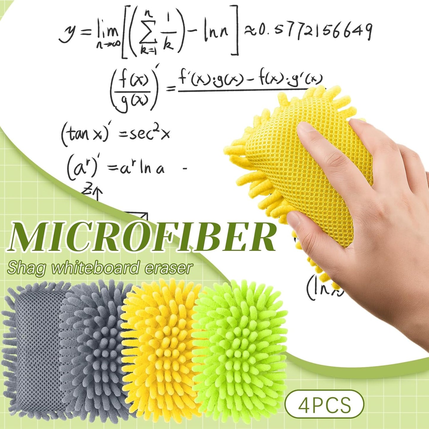 Zonon 4 Pieces Dry Erase Eraser Microfiber Shag Washable Whiteboard Eraser for Markers, Chalk, Classroom, Home and Office (Green,Yellow,Gray)