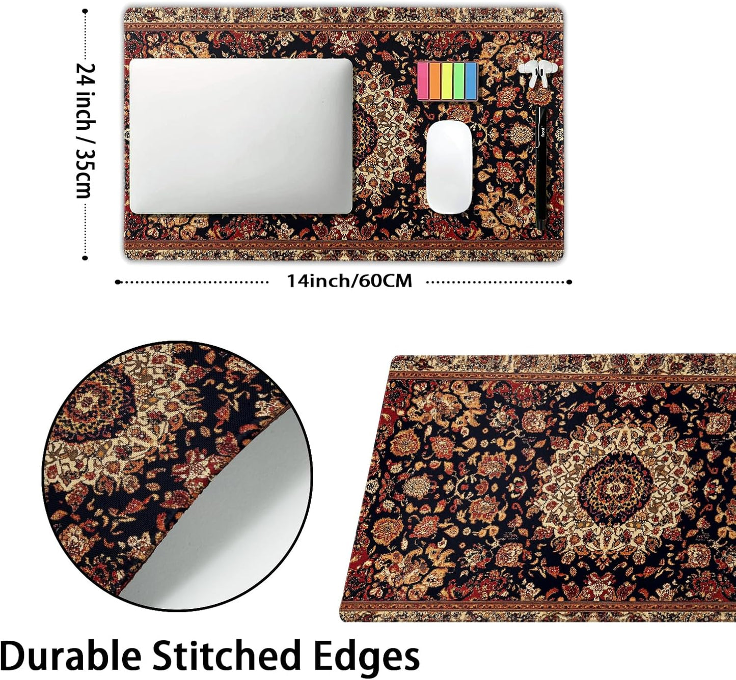 Vintage Rug Gaming Mouse Pad XL Dark Brown Retro Carpet Aesthetic Extended Large Mat Mousepad Desk Pad Non-Slip Rubber Base Stitched Edge Flower Keyboard Pad Playmat for Computer,20x14 Inch,60x35cm