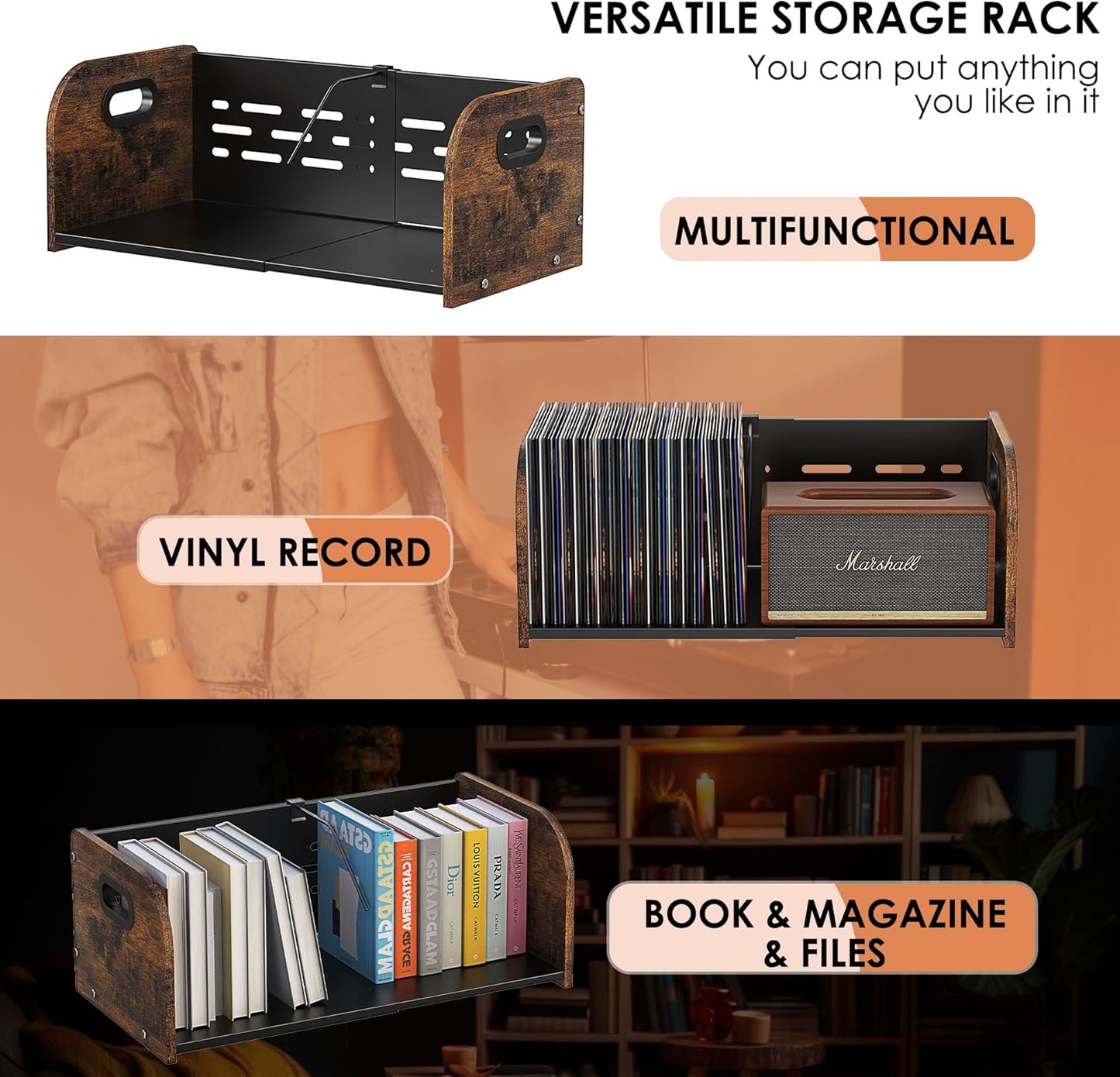 Vinyl Record Storage Holder, Expandable Record Holder Rack With Movable Divider, 110 LP Album Display Shelf Stand, Magazine Holder (Rustic Brown)