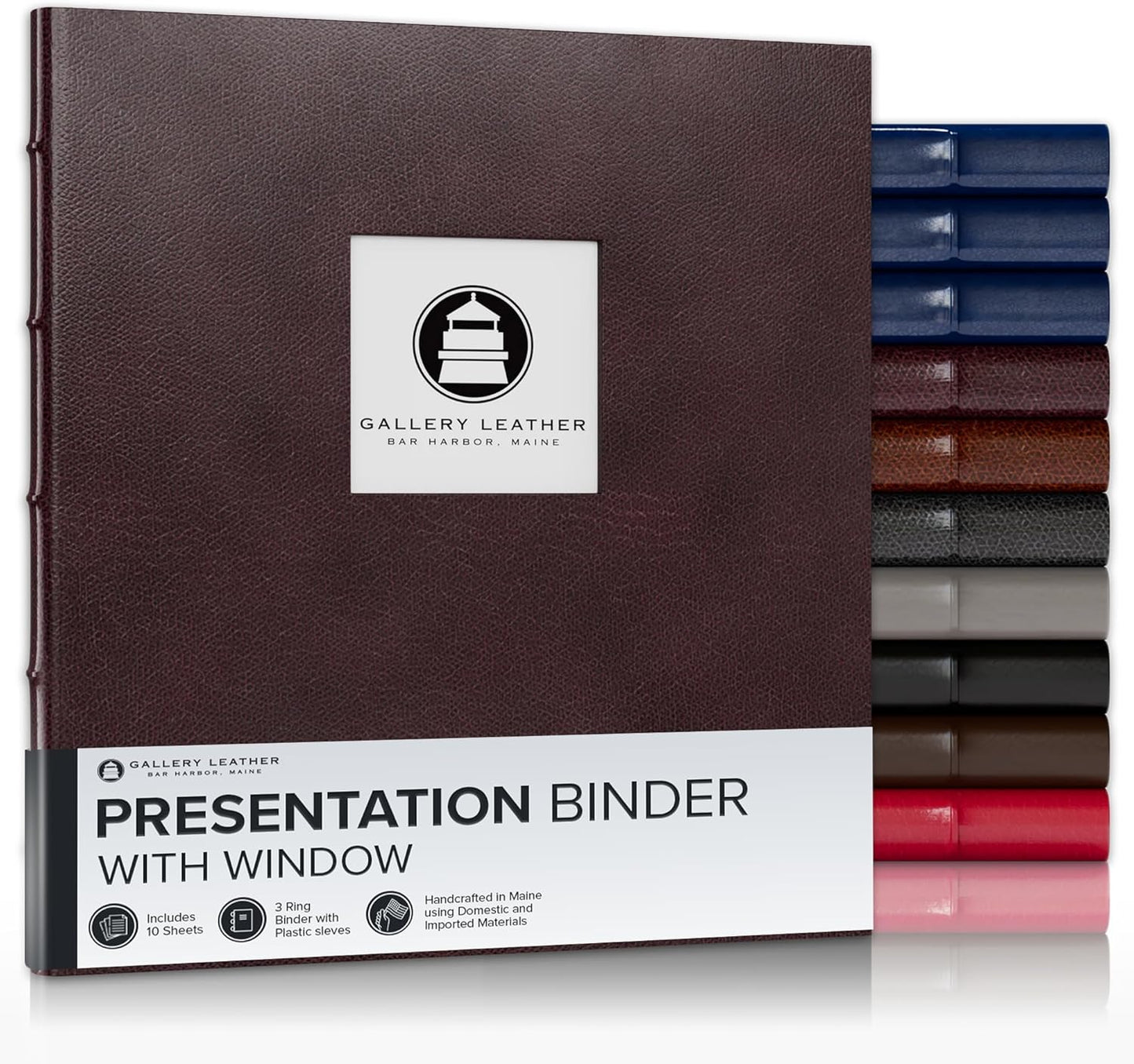 Gallery Leather 3 Ring Binder with Plastic Sleeves, Includes 10 Sheets, Sheet Size: 8.5" x 11" - Presentation Binder Rings with Window and Hubbed Spine, Thick: 0.75" Belfast Burgundy