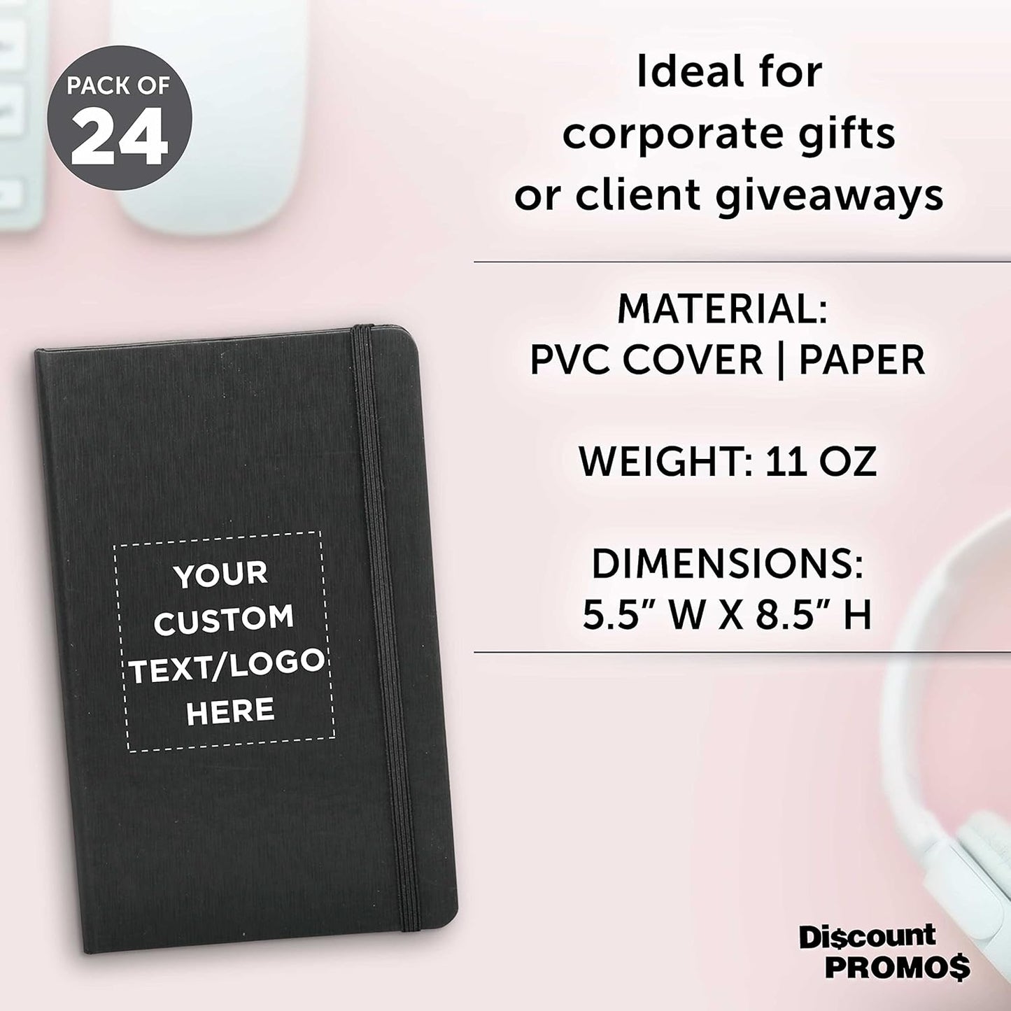 DISCOUNT PROMOS Custom Hardcover Notebook Journals with Elastic Colored Band Set of 24, Personalized Bulk Pack - Perfect for School, Office, Home - Black