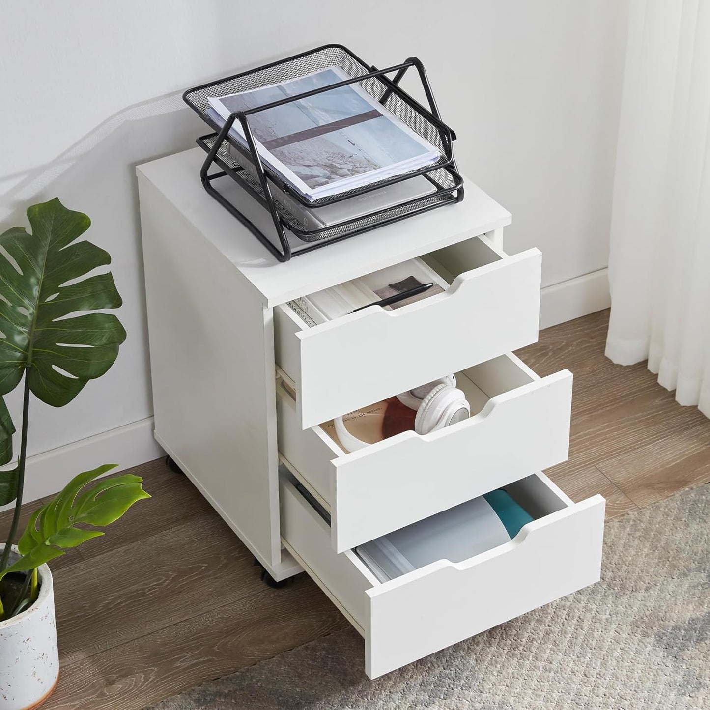 Farini 3-Drawer Under Desk Wooden File Storage Cabinet with Lockable Caster for Home Office,White,Fully Assembly