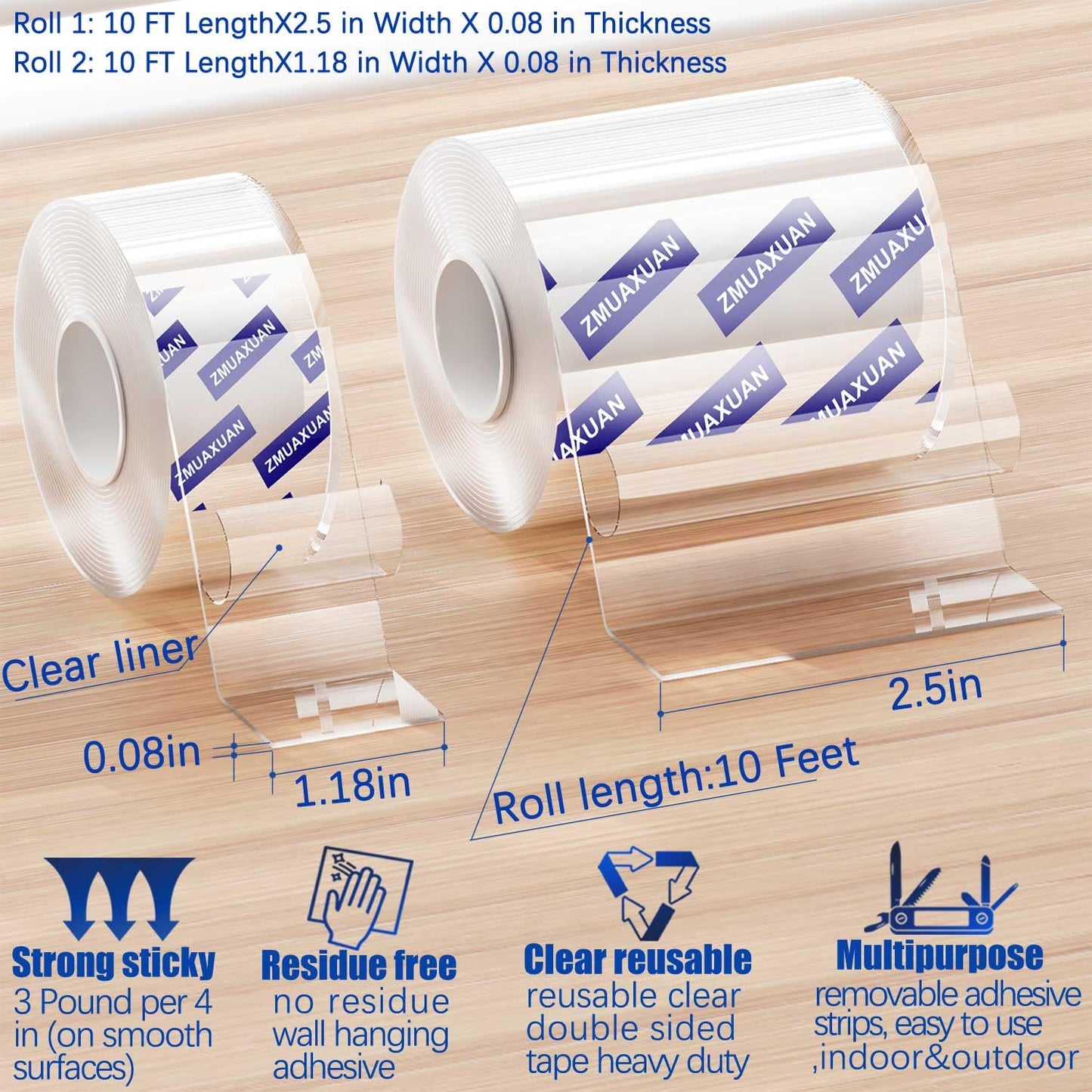 Double Sided Tape Heavy Duty, Clear Wall Mounting Tape, Picture Hanging Adhesive Strips Removable, Strong Poster Glue Adhesive Tape, Nano Tape Sticky Tack for Carpet, Hangers, Frame, 2 Pack Extra Wide