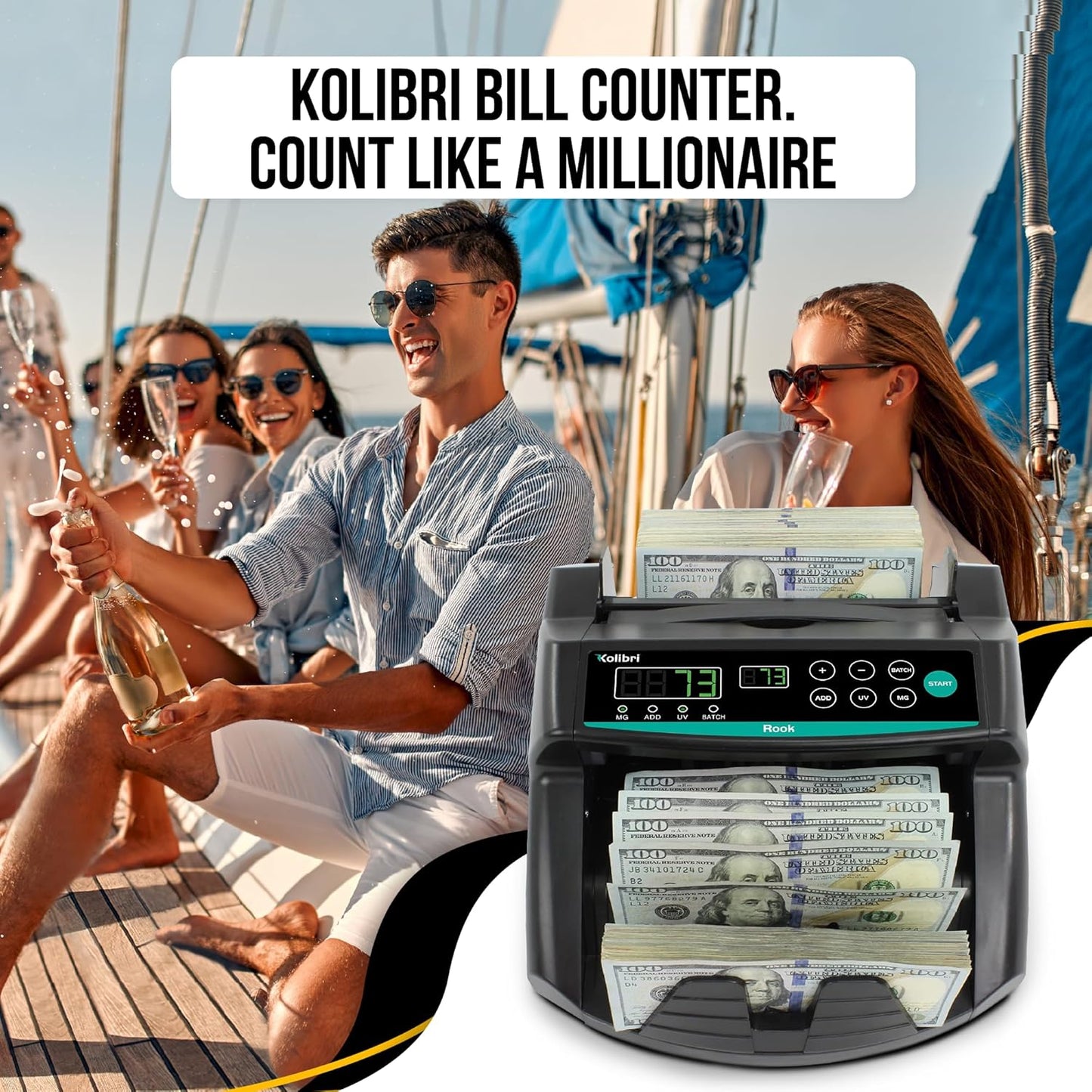 KOLIBRI Rook Money Counter with UV/MG/IR Counterfeit Detection – Count, Add & Batch Modes, 1,400 Notes per Minute Fast Bill Counter - US Dollar Cash Counter with Dual LED Display (1-Year USA Warranty)