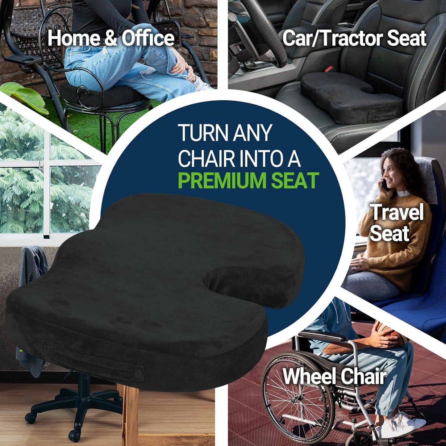 Gel Seat Cushion for Car Office - Memory Foam Pain Relief Chair Pillow Cushions - Tailbone Sciatica Coccyx Butt Lumbar Support Pad for Sitting Driving Traveling, Velvet, Black