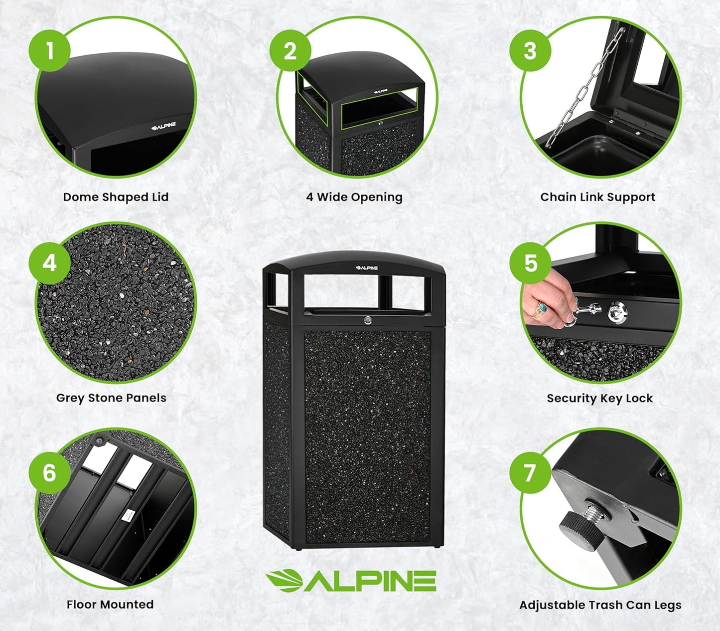 Alpine Outdoor Commercial Trash Can with Lid - 40 Gallon Heavy Duty Metal Garbage Can with Removable Bin, Locking Lid for a Modern Look in Park, Mall & High Traffic Areas - Black, Grey Stone Panels