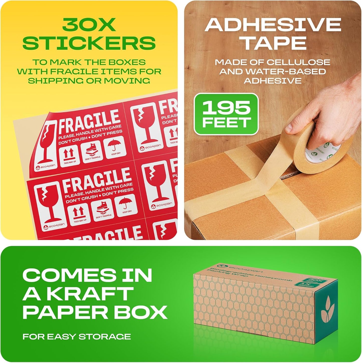 Honeycomb Packing Paper | Extra Thick 90 GSM Packing Wrap | Biodegradable Packing Materials: 12” x 400’ Moving Paper + 195’ Cellulose Adhesive Tape + 30 Fragile Stickers | Paper Bubble Wrap