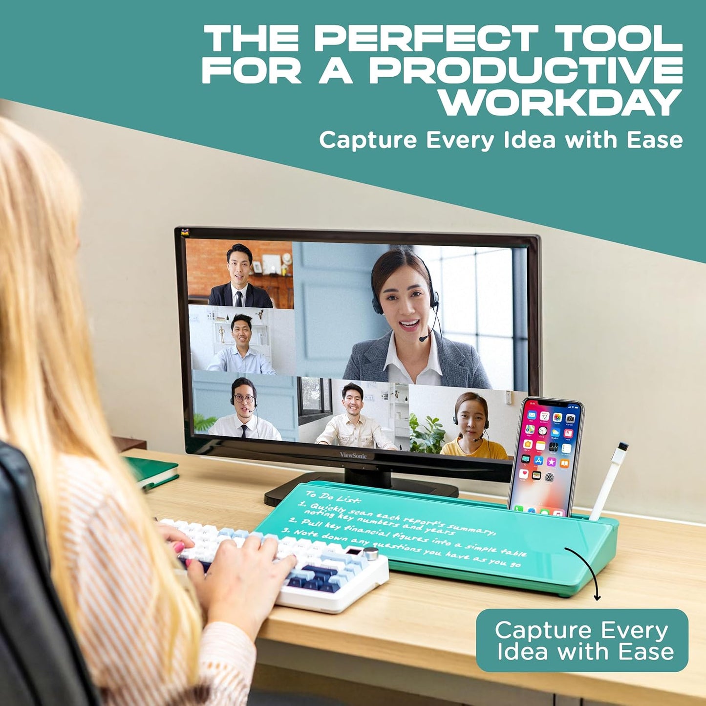 Glass Desktop Whiteboard for Quick Notes & Reminder – Desk Storage with Drawer – Compact Desk Organizer Whiteboard – Small Dry Erase Board - Desktop Accessories for Home Office (Turquoise)