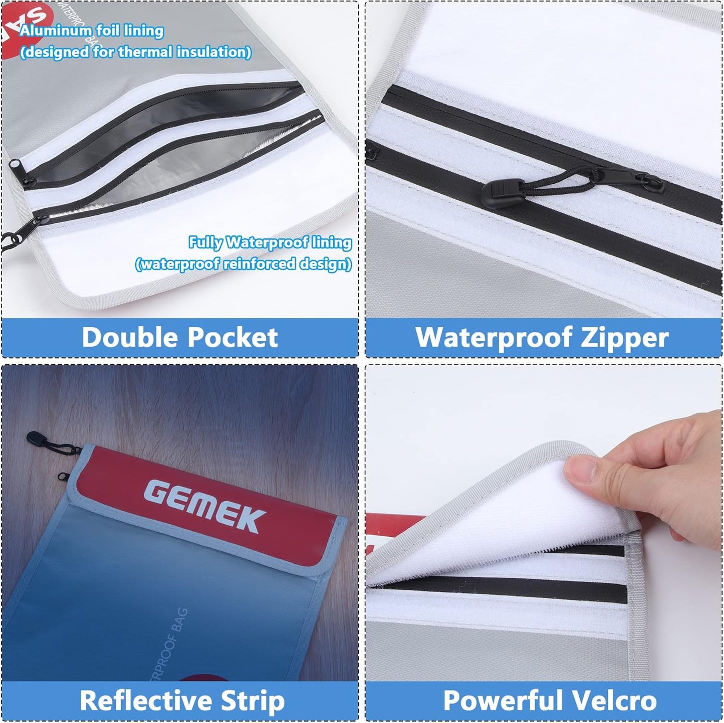 Fireproof Document Bag (2000℉) Upgraded 2 Pockets, GEMEK 15”x 11” Fireproof and Waterproof Money Bag Fireproof Safe Storage for Money, Documents, Jewelry and Passport (Silver - 2 Zipper)