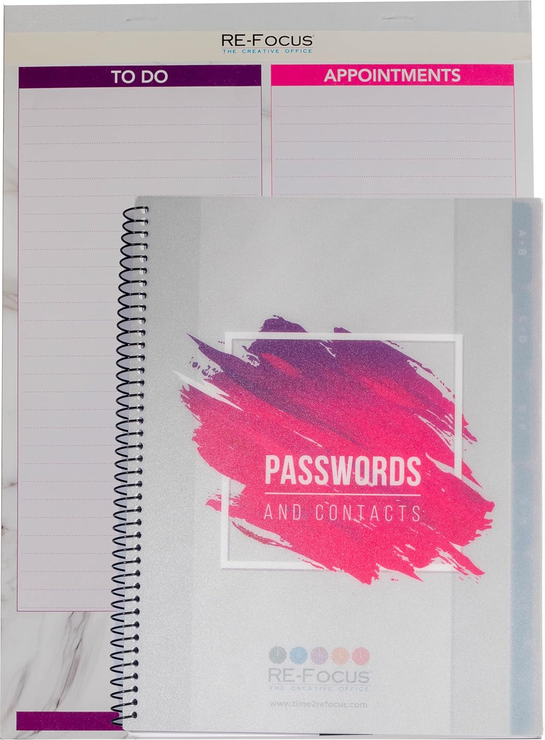 Password Book Keeper, Pink, Alphabetical Tabs, Spiral Bound, Removable Sheets, Journal Organizer Includes Website, Address, Username, Password - 10" x 7.5" by Re-Focus The Creative Office