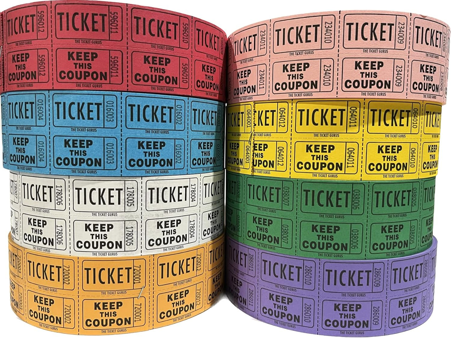 Ticket Guru-Raffle Tickets - (4 Rolls of 2000 Double Tickets) 8,000 Total 50/50 Raffle Tickets (4) Random Colors