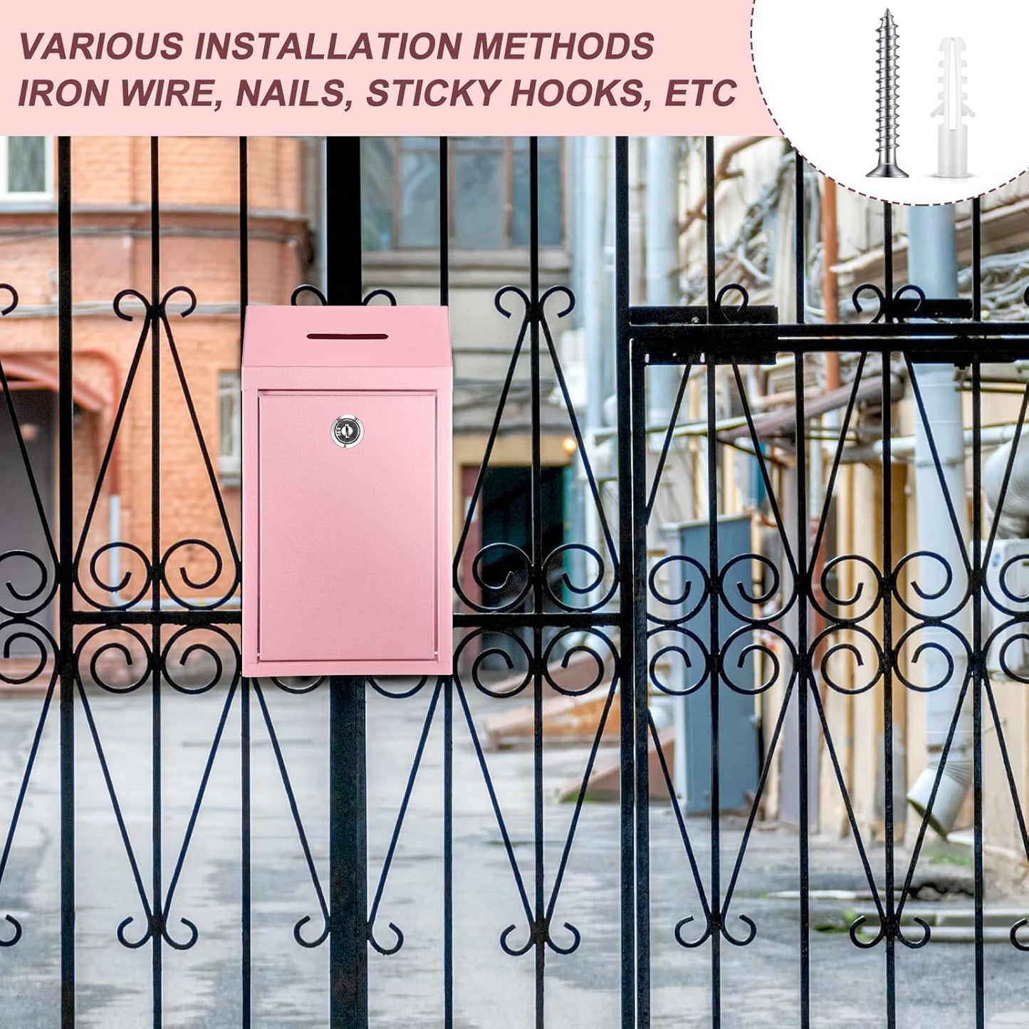 Metal Donation Cash Box Collection Safe Suggestion Box with Lock Wall Mounted Mailbox Delivery Ballot Container for Home Office Outdoor Door(Pink)