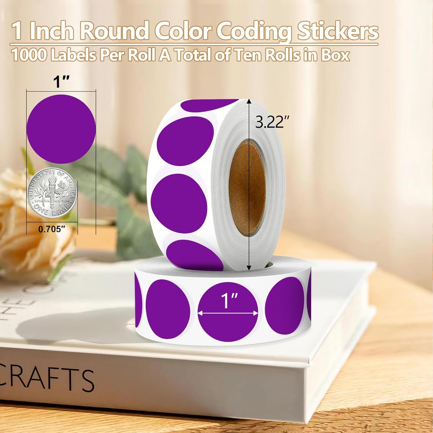 Purple 1 Inch Round Color Coding Dot Labels, 10 Rolls 10000 Dot Stickers in Dispenser Box - Permanent Adhesion, Vibrant Colors, Highly Visible