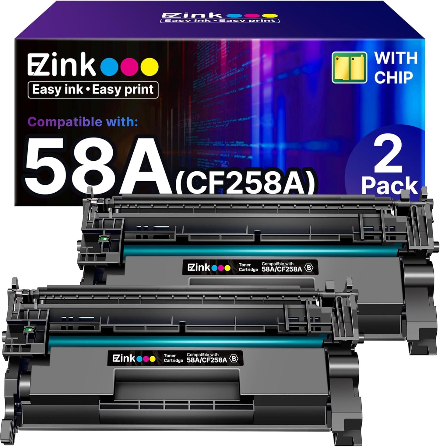 E-Z Ink 58A CF258A Toner Cartridge (with chip) Compatible Replacement for HP 58A CF258A 58X CF258X to Use with Laserjet MFP M428fdw M428dw M428fdn Pro M404n M404dn M404dw M404 M428 (2 Black)