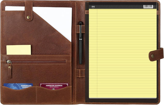 KomalC Leather Portfolio Folder with Button Closure | Business Padfolio for Professionals | Vintage Full-Grain Leather Organizer with Legal Pad Holder, Card Slots & Document Pockets