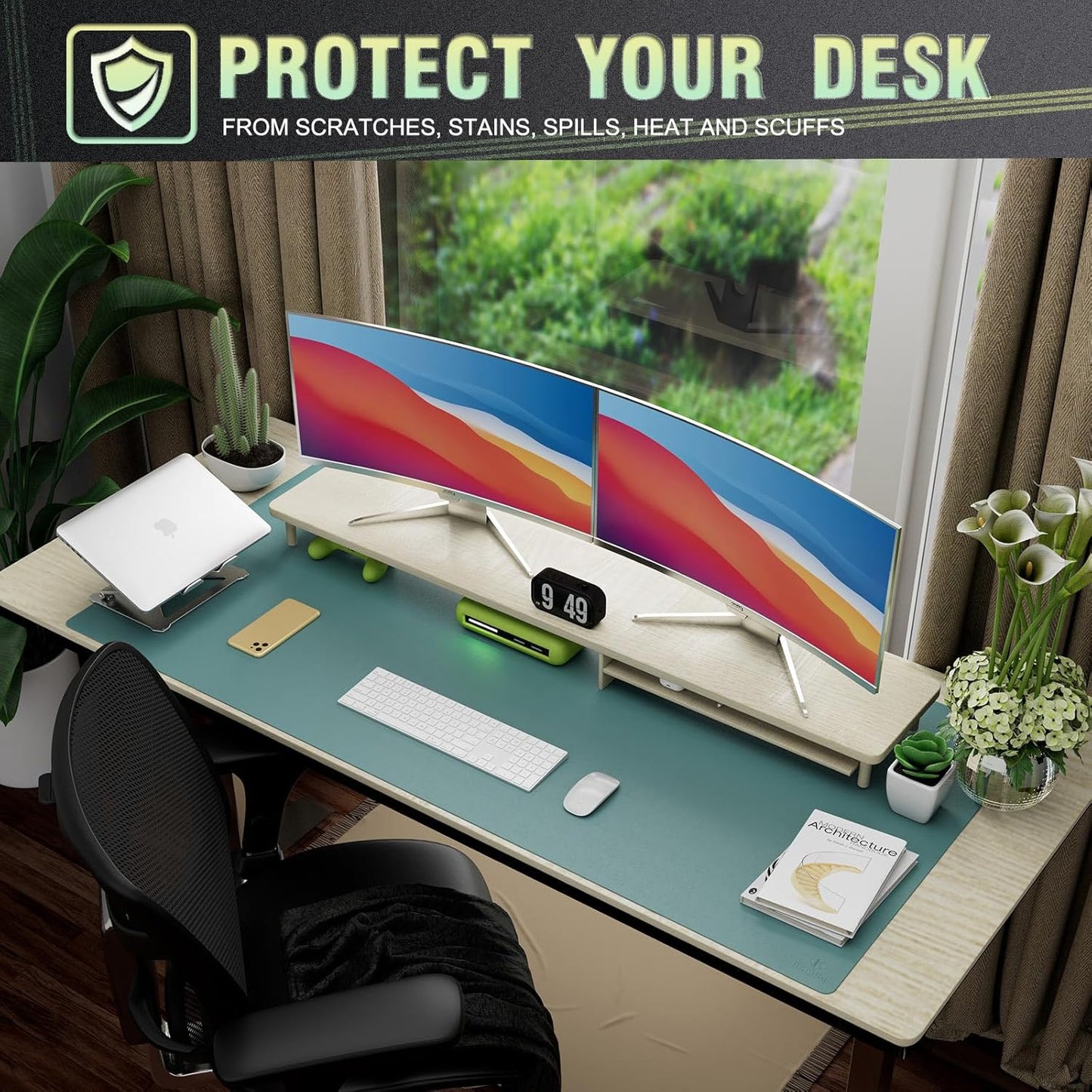 K KNODEL Large Office Leather Desk Mat, Mouse and Keyboard Pad, Computer and Laptop Mat, Desktop Protector and Cover, Writing Pad and Blotter (47.2"x23.6", Green)