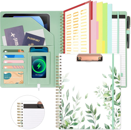 Clipboard with Storage for Men Women, Leather Padfolio Portfolio Organizer 5 Folders with 10 Pockets, Spiral Clipboard Folio with Notepad for Letter Size, Elastic Closure and Pen Loop Green Plants