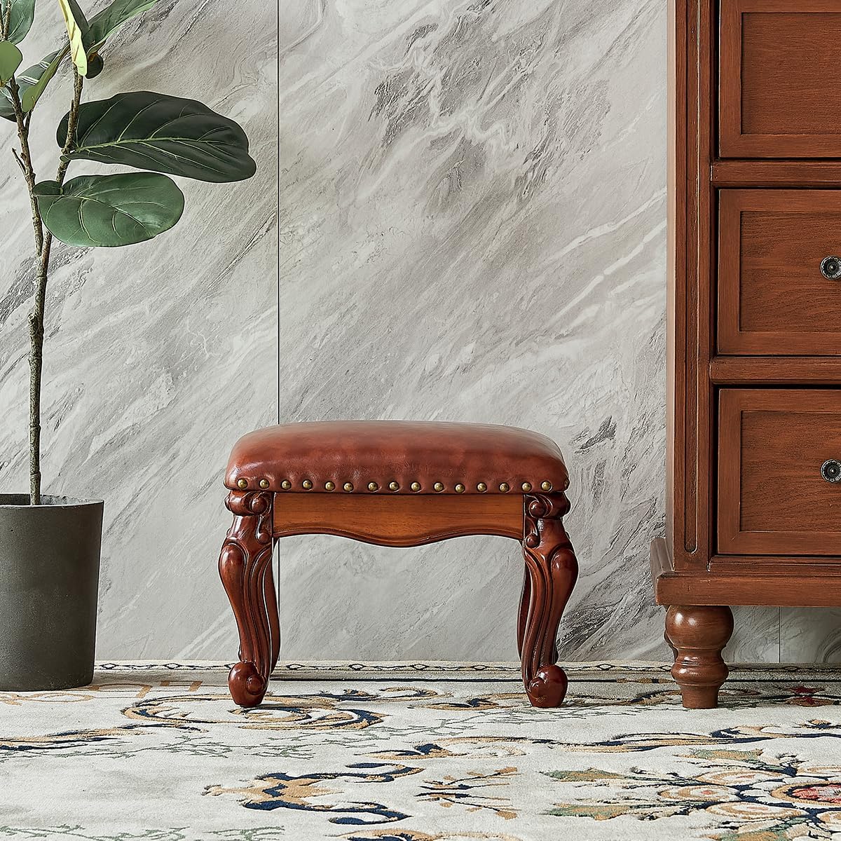 Foot Stool Ottoman Foot Rest Microfiber Leather Upholstered Footstool for Sofa, Living Room, Entryway, Solid Wood Stool (Flat Brown)