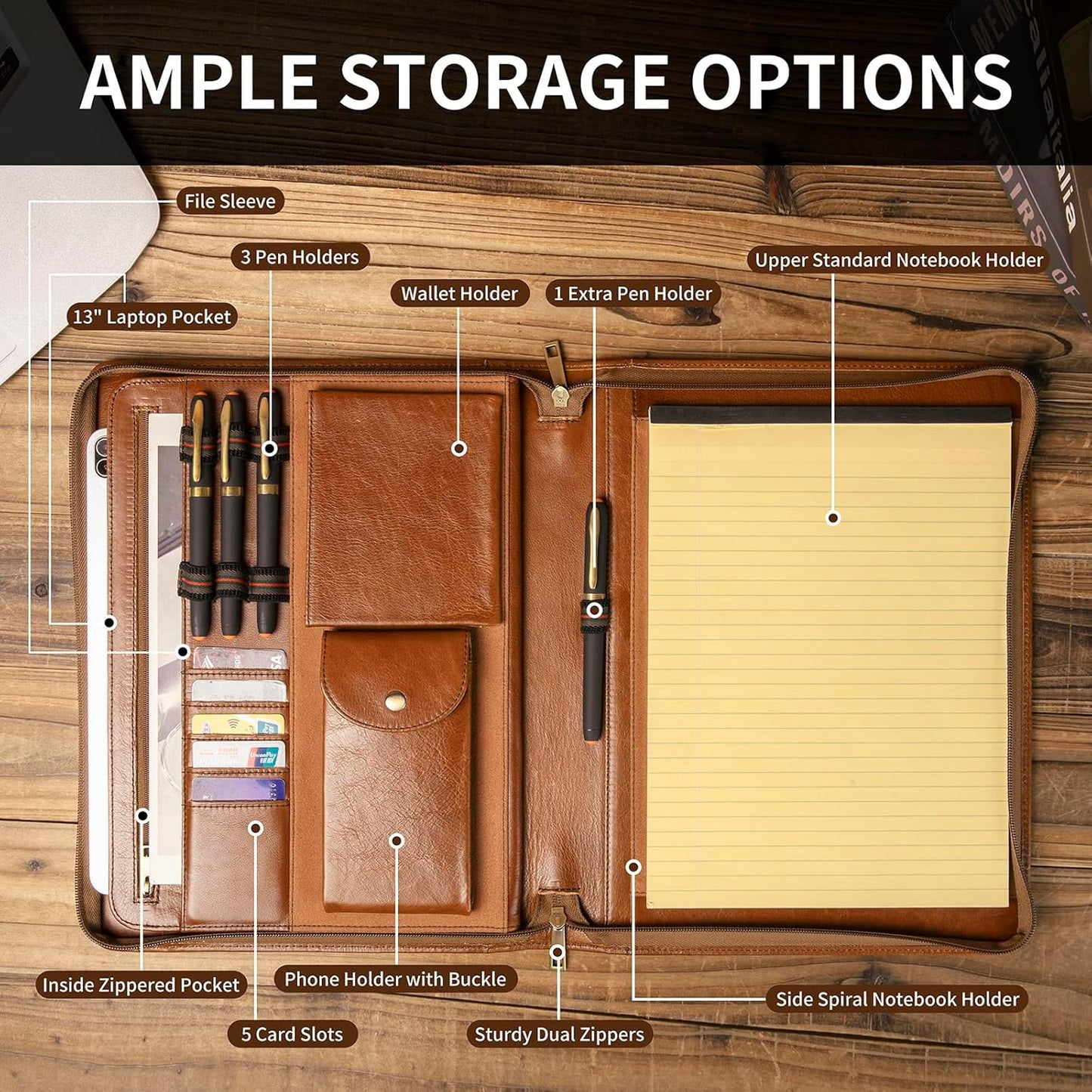 Genuine Leather Portfolio with Front Pocket for Men and Women, Zippered Padfolio Binder 8.5 x 11 Legal Pad Notebook Holder, Fits 13” Laptop, Professional Work File Case, Brown, Oil Tanned