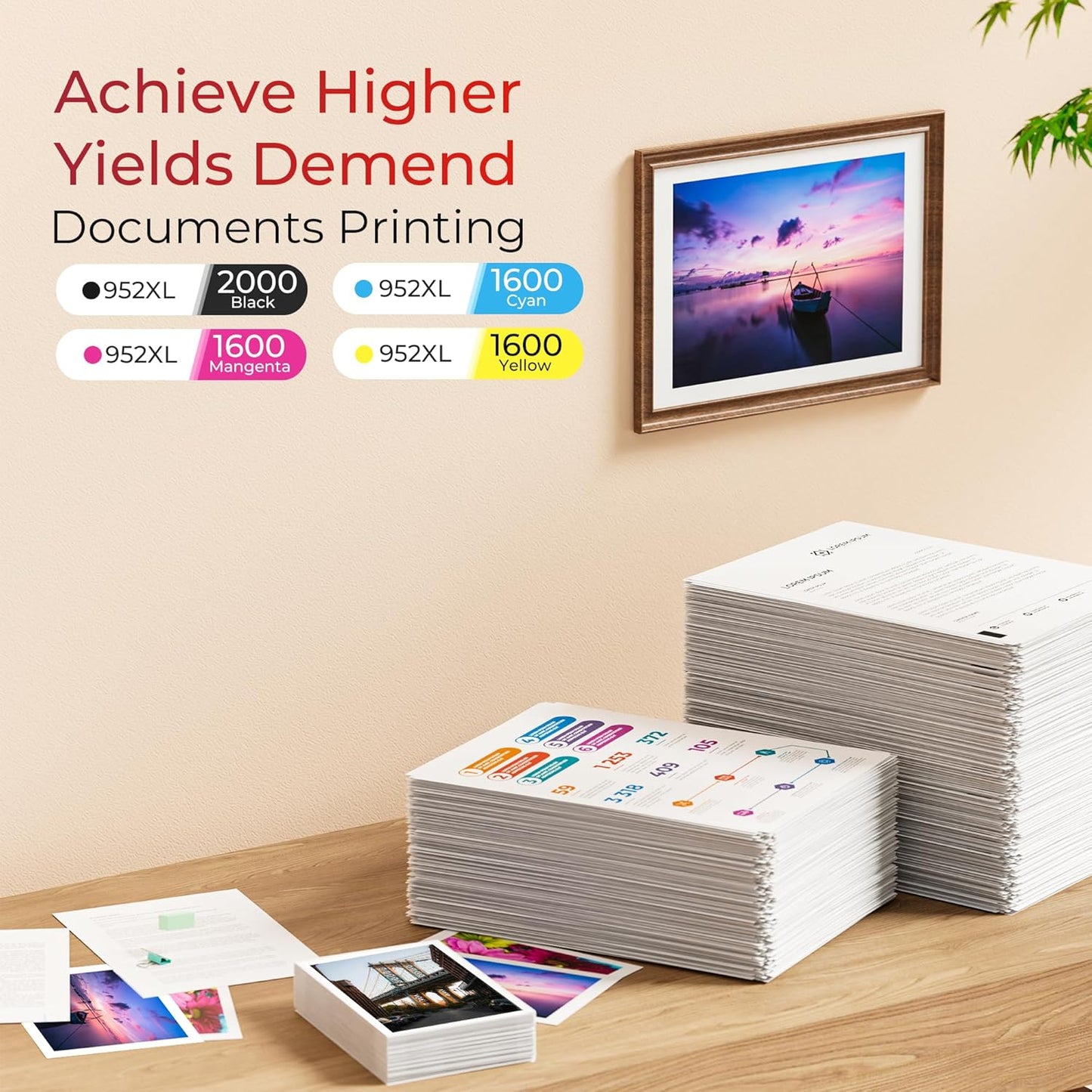 ejet 952XL Ink Cartridges Combo Pack High Page Yield (4-Pack) Compatible for HP 952XL Ink Cartridges Combo Pack | Works Officejet Pro 8702 8710 8720 8210 7740 7720，Black Cyan Magenta Yellow | N9K28AN