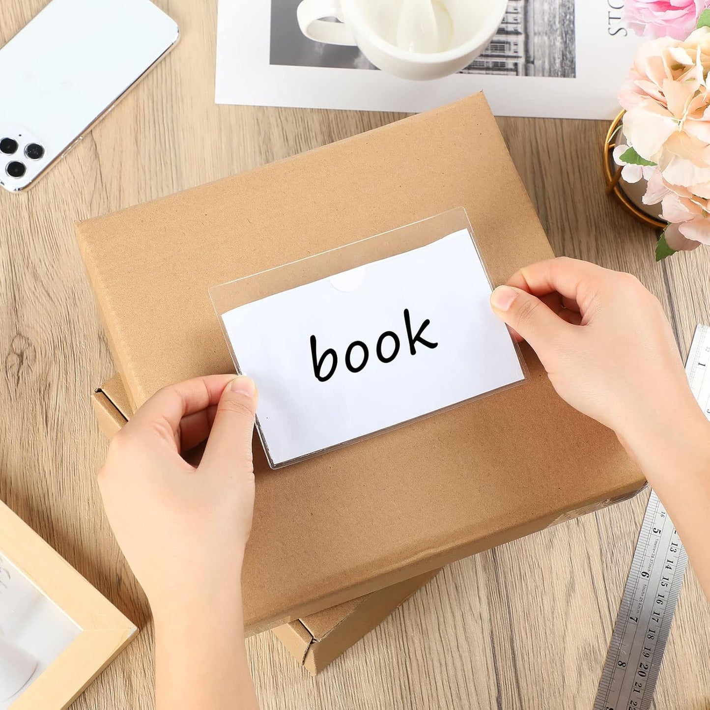 Outus 500 Pack Self Adhesive Index Card Holder Clear Plastic Label Pockets with Top Open for Loading Sticky Business Card Sleeves for Storage Bins Library Organizing Photo Protecting(5.3 x 3.7 Inch)