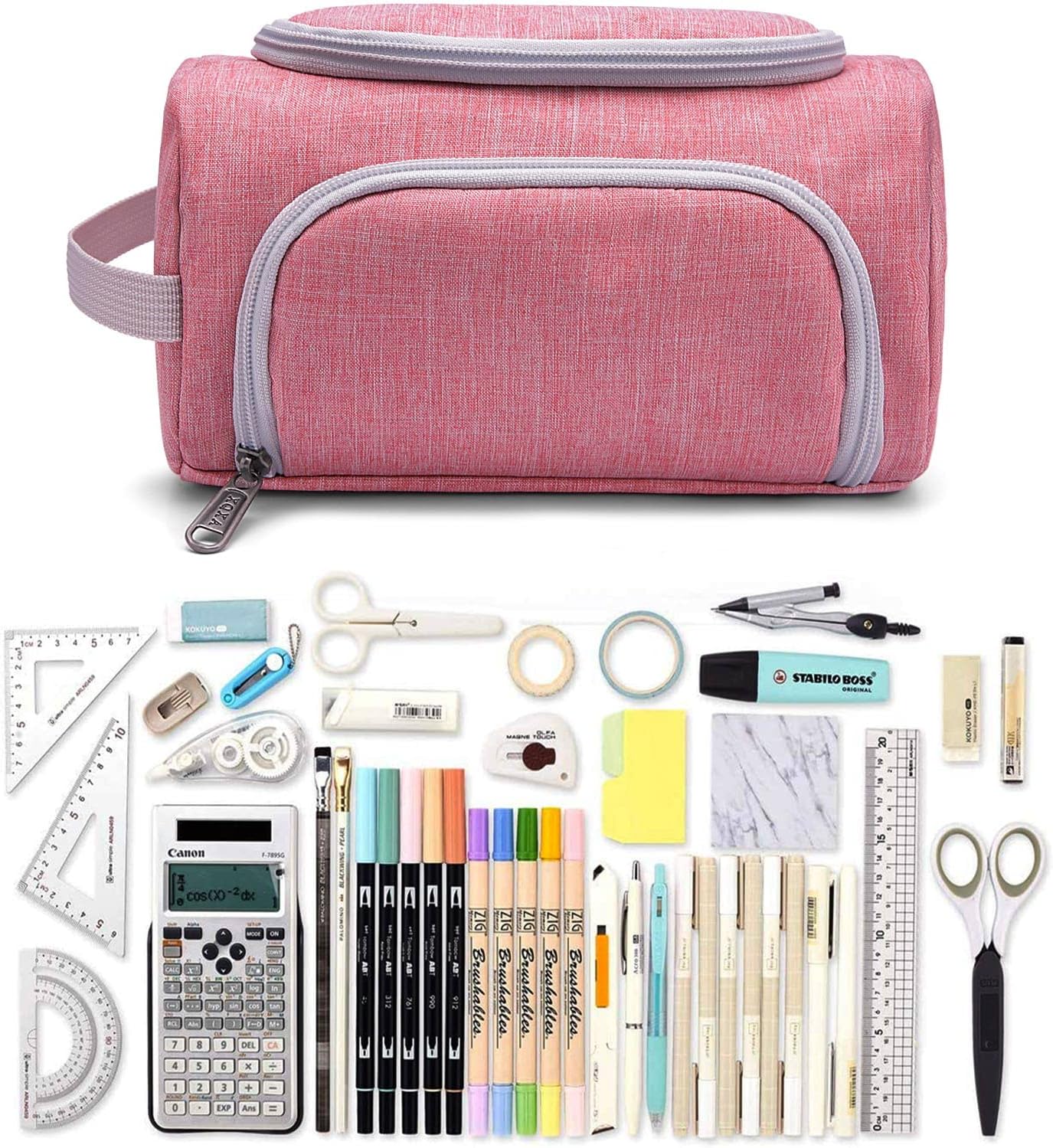 XQXA Extra Large Capacity Pencil Case Organizer, Multifunctional Pencil Pouch with Compartmens, Travel Simple Stationery Bag, Nylon Pencil Bag for Adults (Pink)