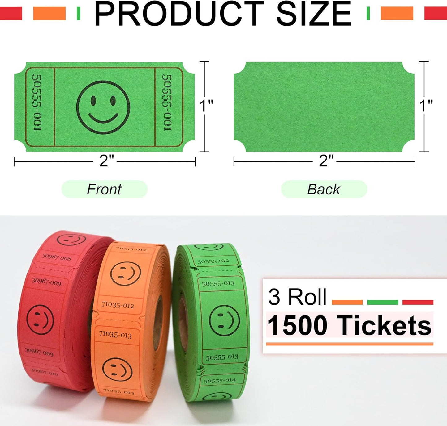 L LIKED 1500 Raffle Ticket Rolls, 3 Assorted Colors, 1x2 Inch Smile Ticket for Events, Entry, Class Reward, Parties, Giveaways&Prizes (Red, Orange, Green)