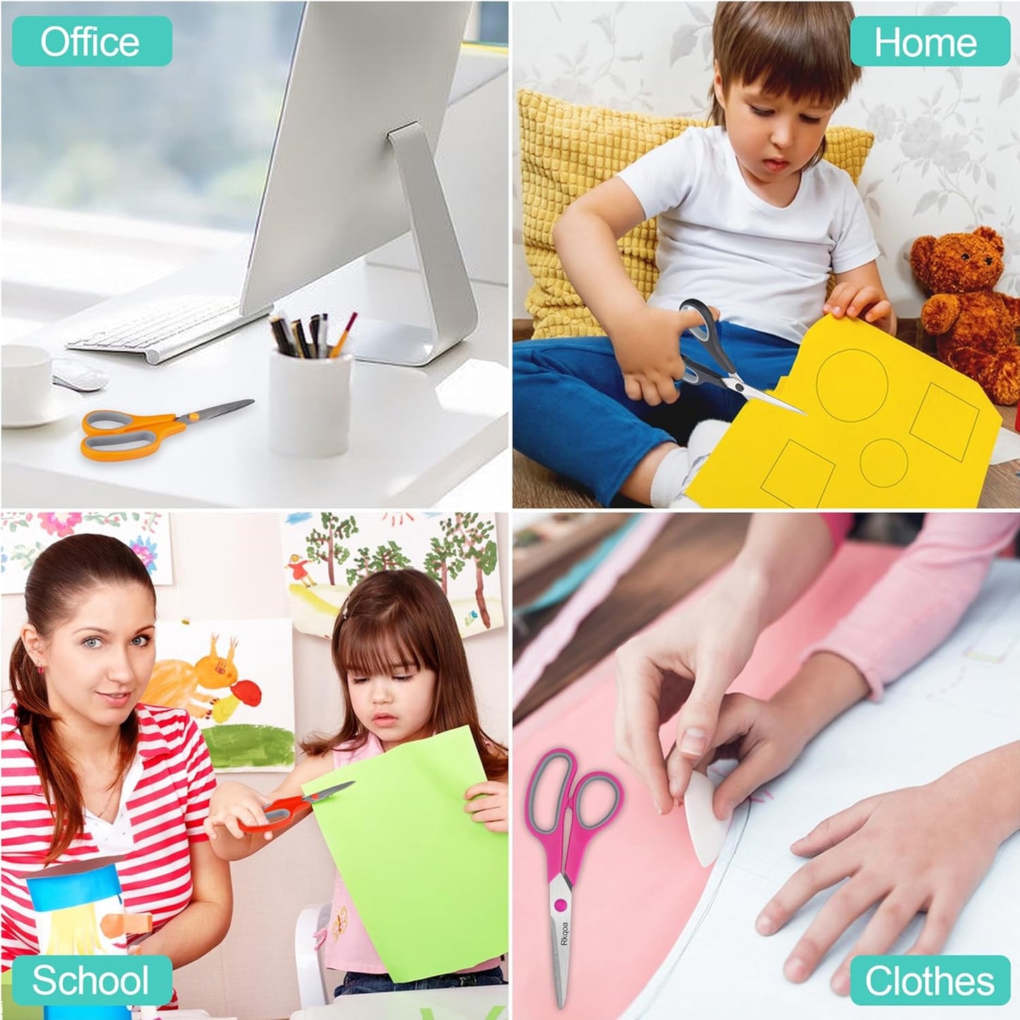 Black 6 Scissors Pack, Rkqoa 8" All Purpose Scissor - High Performance and Designed for Everyday use, Stainless Steel Shears Set with Comfort Grip, Right/Left Handed