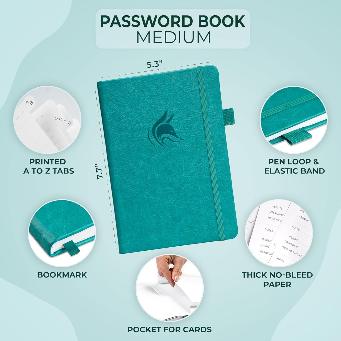 Clever Fox Password Book with alphabetical tabs. Internet Address Organizer Logbook. Medium Password Keeper for Website Logins (Aquamarine)