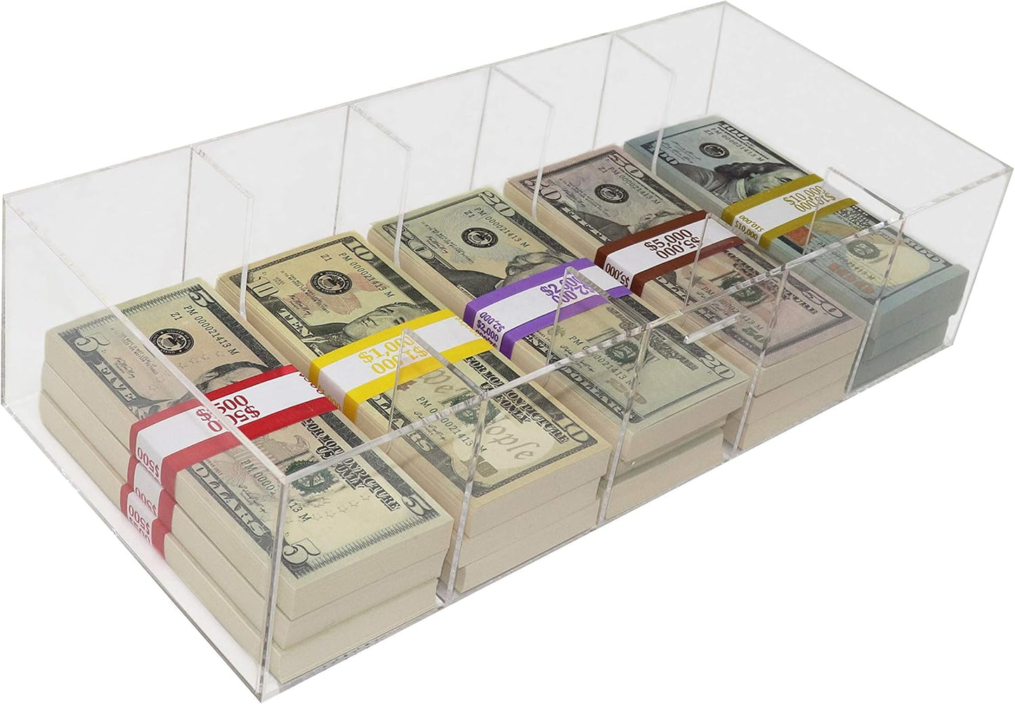 Clear Currency Tray, 5 Compartment Cash Organizer Money Storage Box, 300 Currency Wrappers Included