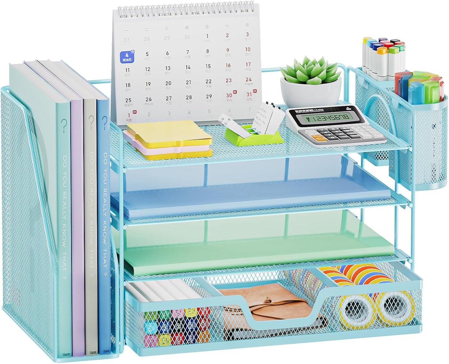 Marbrasse Desk Organizer and Accessories，4-Tier Paper Letter Tray Organizer with File Holder, Desk Accessories & Workspace Organizers with Drawer and 2 Pen Holder (Blue, 15.4" x 9.1" x 8.3")