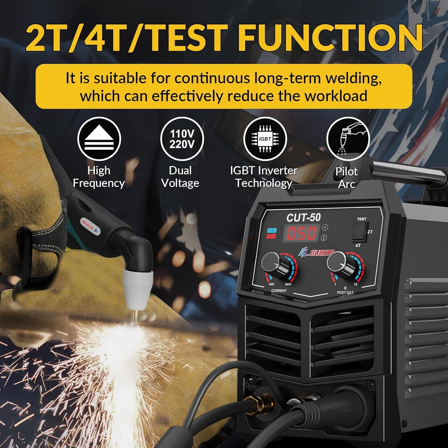 GZ GUOZHI Plasma Cutter, 50 Amp Air Inverter Plasma Cutter, 110V/220V Dual Voltage Digital Display IGBT Inverter Plasma Cutting Machine with 2T/4T/TEST Function