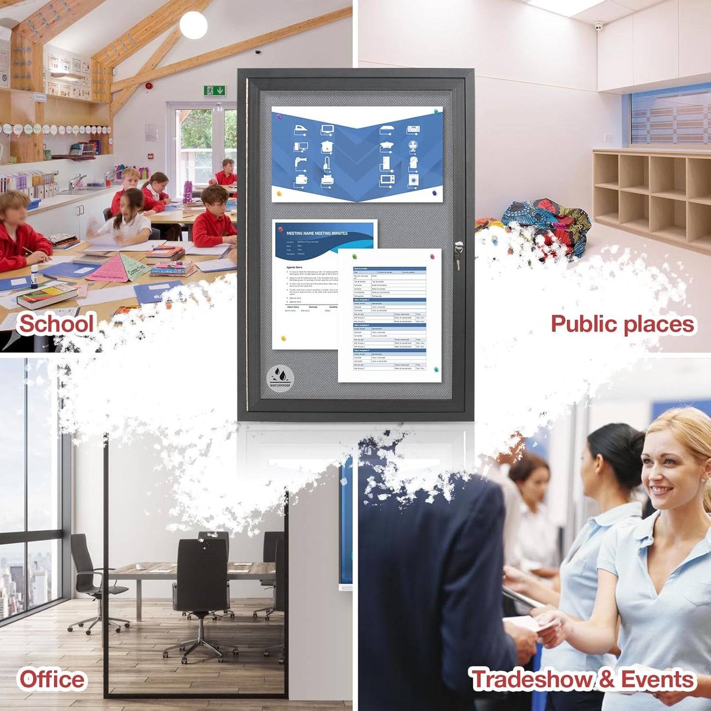 Outdoor Weatherproof Enclosed Fabric Bulletin Board,Noticeboard Case with Lockable Glass Door, Grey Felt,Black Aluminum Frame, 36x24 Inch (5xA4)