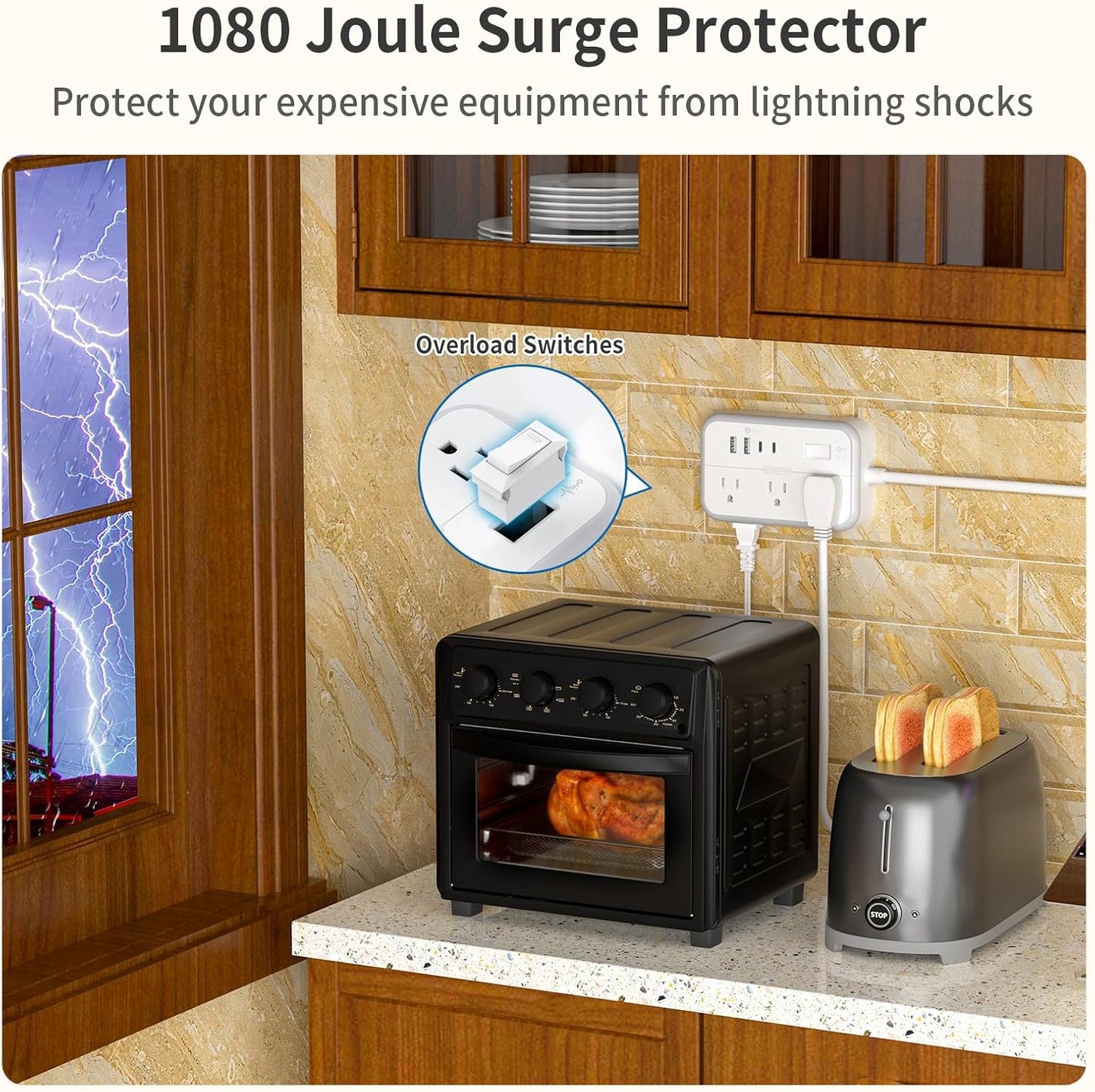 NTONPOWER 2 Prong Extension Cord 25 FT, 1080 Joules Surge Protector Power Strip with 6 Outlets 4 USB Ports(2 USB C), 1875W Three Prong to Two Prong Adapter, Rotating Flat Plug, Ideal for Old House