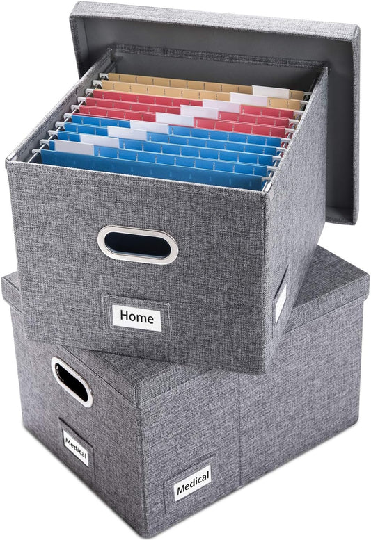 PRANDOM File Organizer Box - Set of 2 Collapsible Decorative Linen Filing Storage Hanging File Folders with Lids Office Cabinet Letter/Legal Size Grey (17x14x11.2 inch)