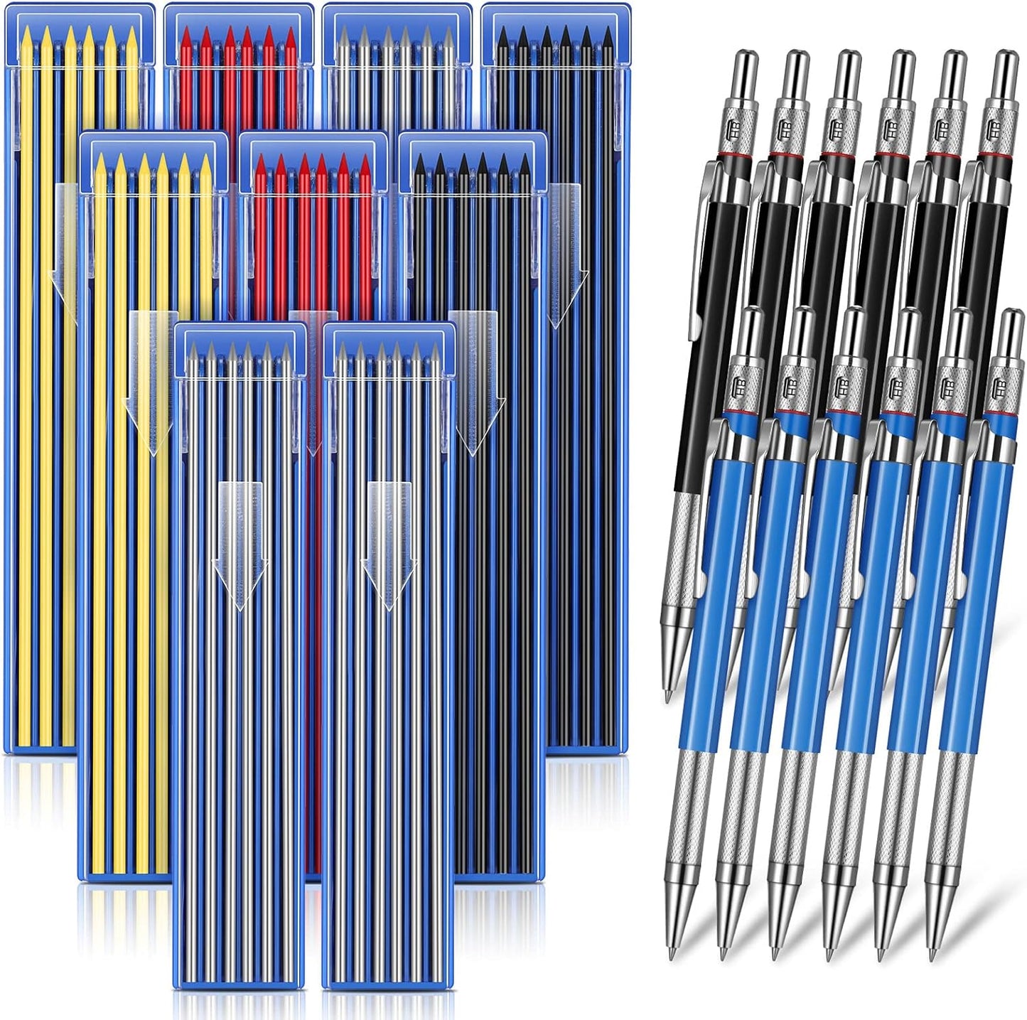 Nezyo 12 Pieces Welder Pencil with 108 Pieces Round Refills Mechanical Metal Pencil Marker with Built in Sharpener Pen for Construction Workers, Metal Work, Plumbers, Framers