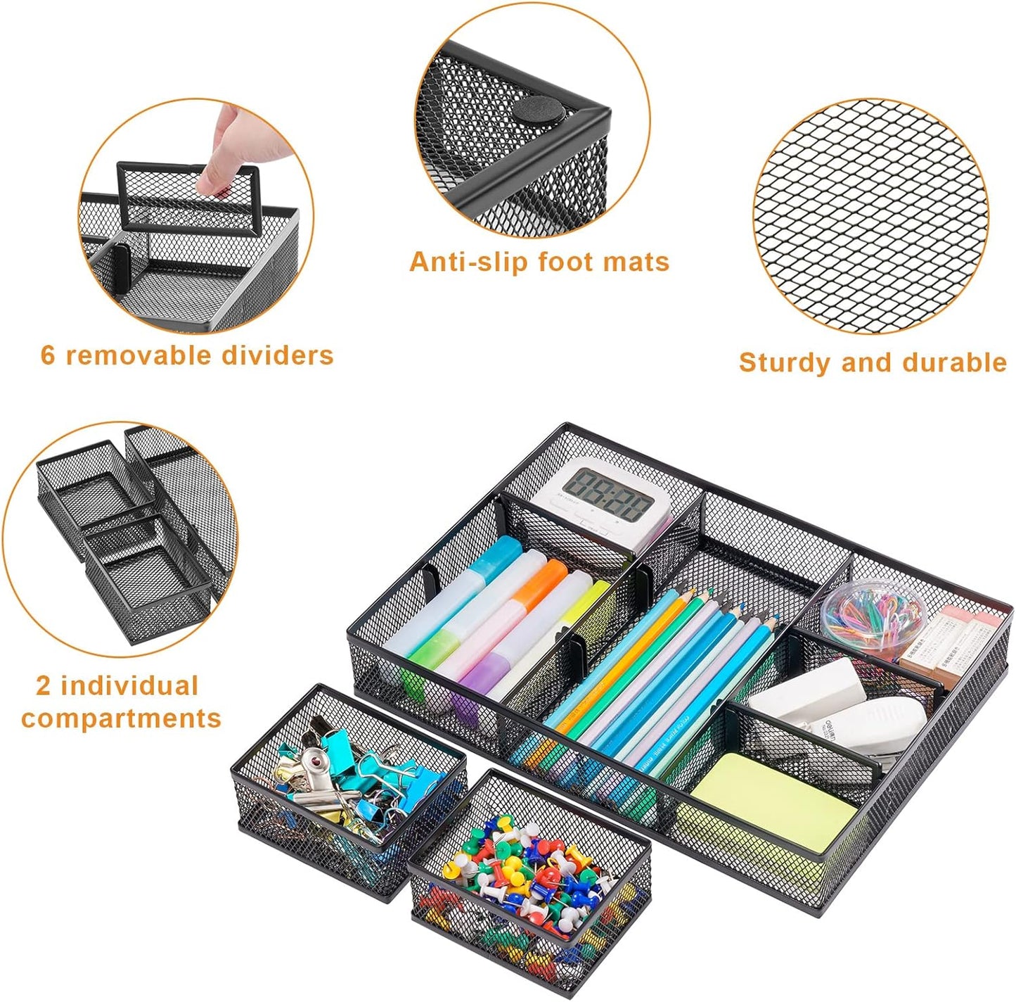 Marbrasse 3 Packs Desk Drawer Organizers, Metal Mesh Dividers Desk Drawer Organizer Tray with 9 Adjustable Compartments, Pen Organizer for Drawer Tray Box Accessories for Desktop,Kitchen, Makeup