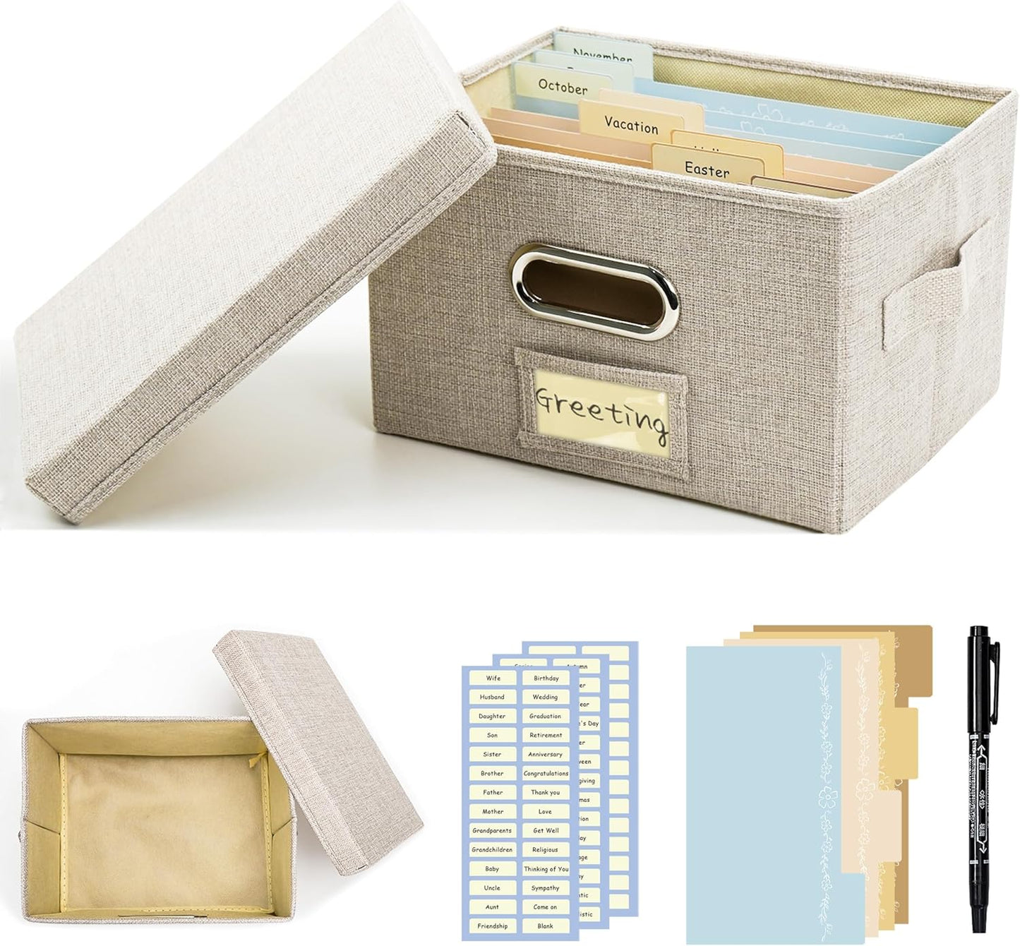 Greeting Card Organizer and Storage Box with 20 Pcs Adjustable Dividers, Storing Cards with 84 Pcs Labels Perfect for Storing Greeting Cards, Envelopes, Photos 1 Pack Beige