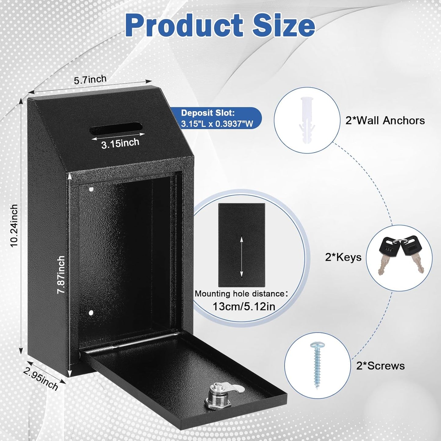 KYODOLED Money Cash Drop Box Wall Mount with Key, Metal Donation and Suggestion Box with Slot and Lock for Home, Farm or Office, Black, 10.24 x 5.7 x 2.95 Inch