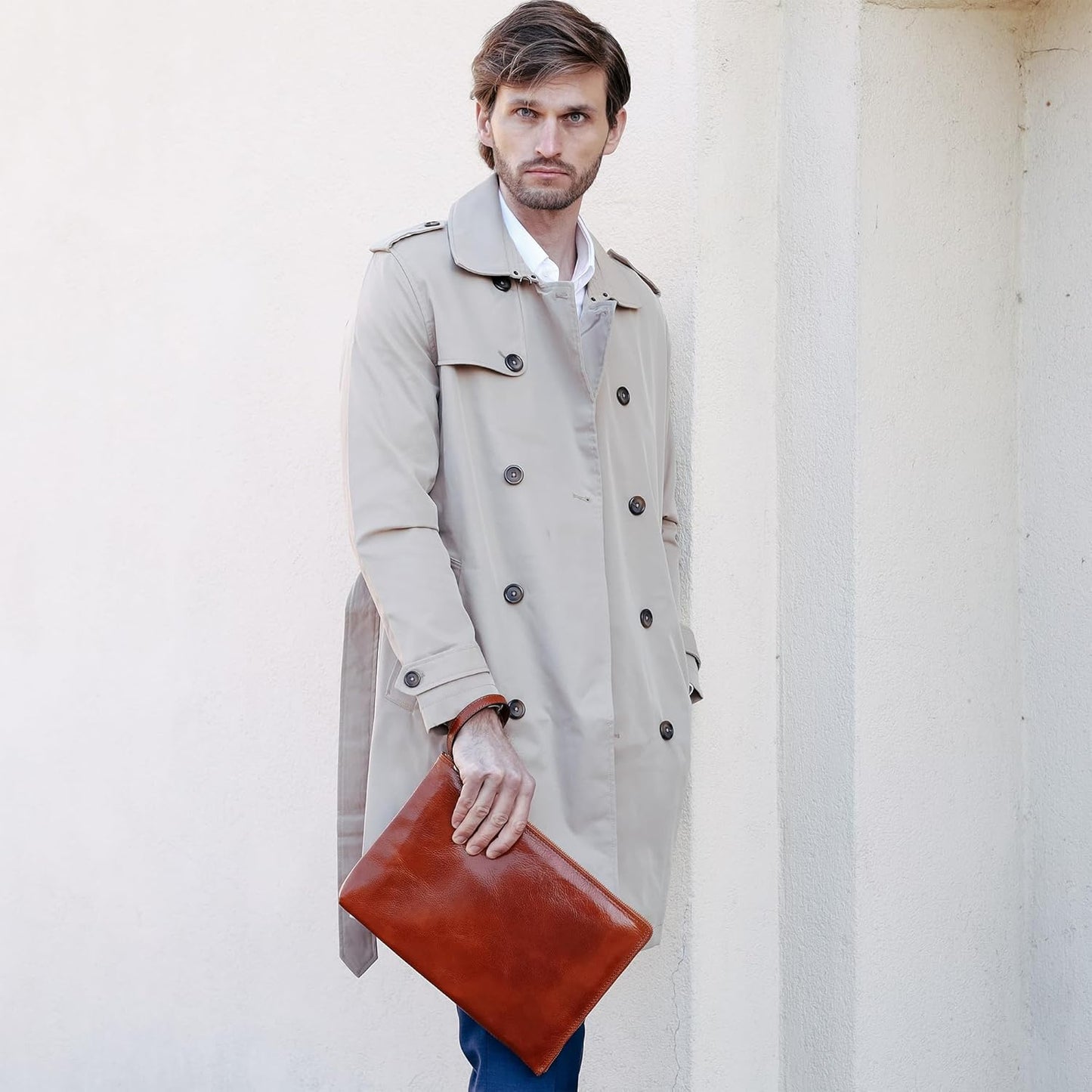 Time Resistance Leather Clutch for Men Organizer Wrist Bag Briefcase Handmade in Italy