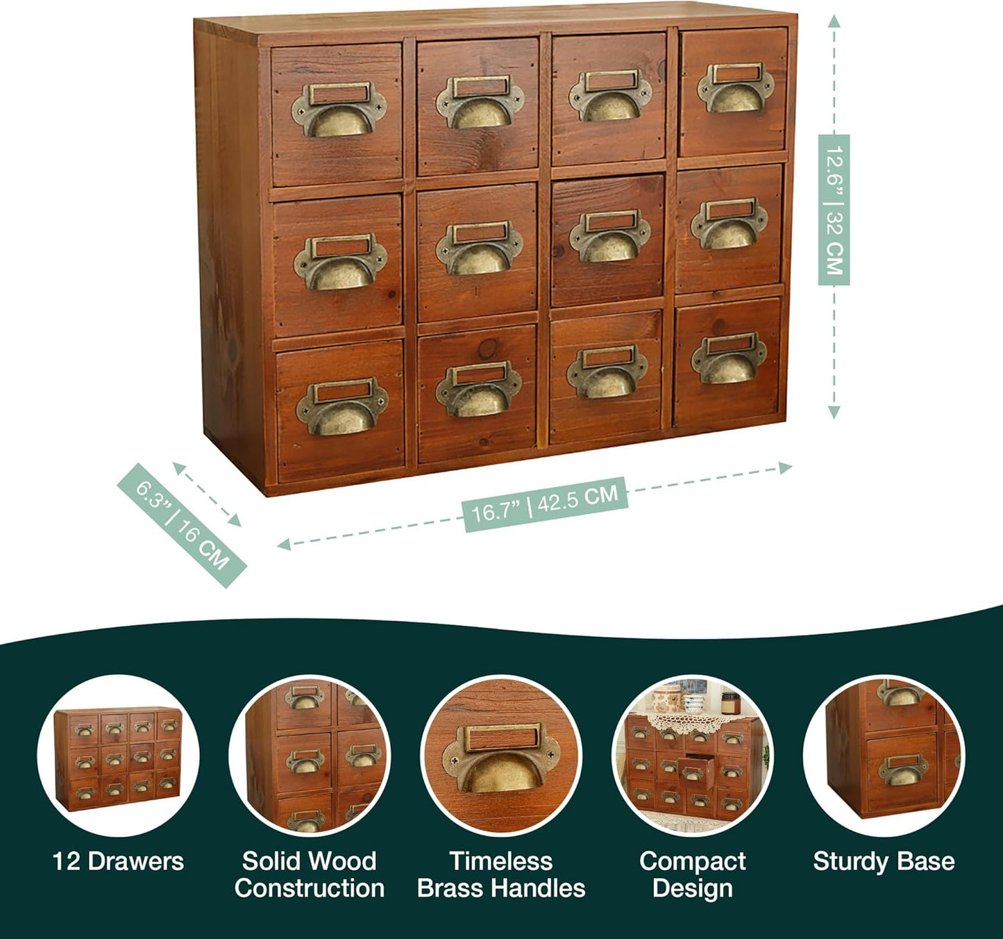 12-Drawer Apothecary Cabinet - Index Card Organizer - Mahogany Wooden Card Catalog - Fits Standard US 3x5in Index Cards - Vintage Desktop Drawer Organizer for Tea, Herbs, and Office Supplies