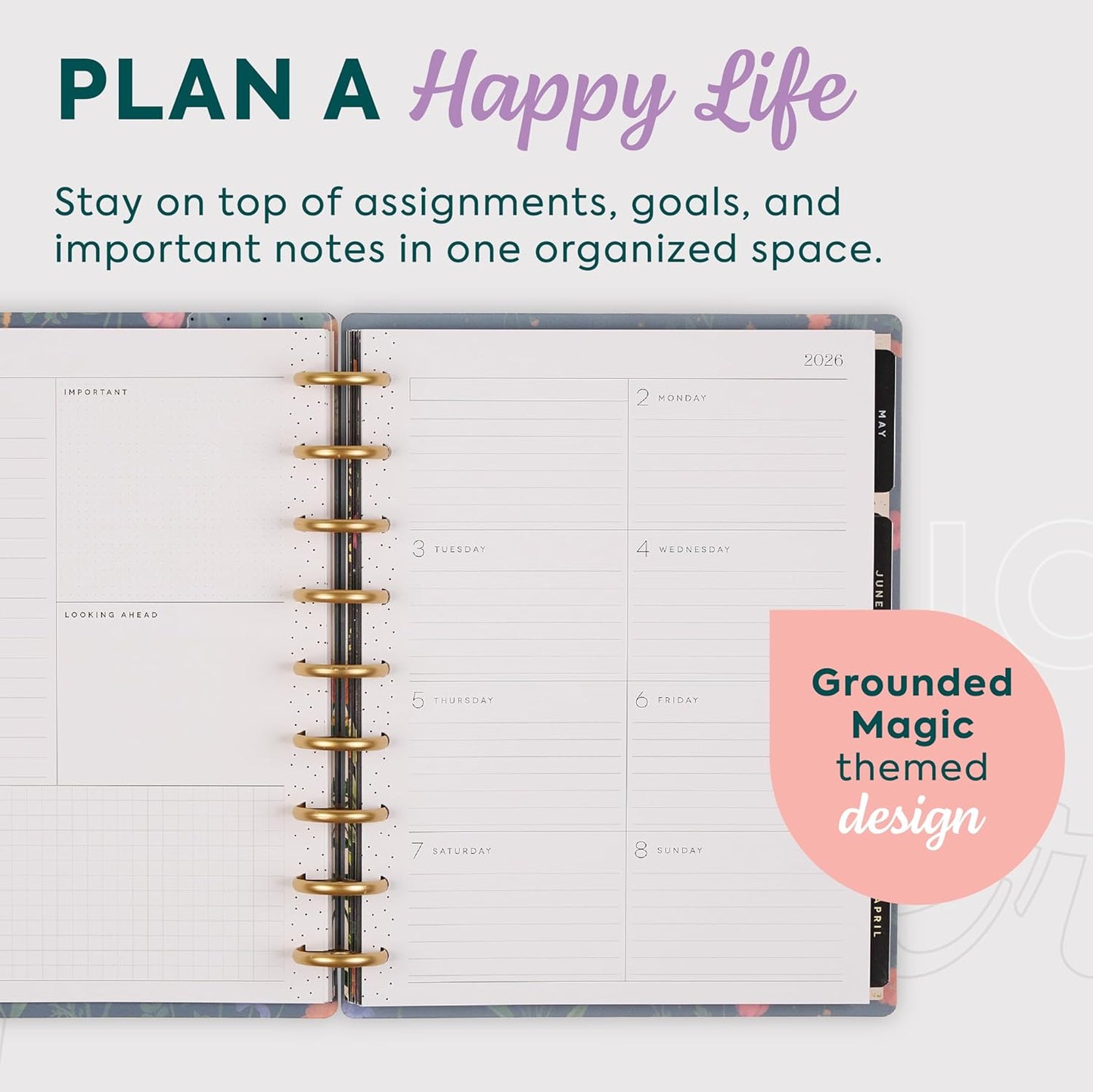 Happy Planner Disc-Bound Planner Jan.–Dec. 2026, Includes 3 Extra Months and 2 Sticker Sheets, Classic Size, 7" x 9.25", Dashboard Layout, Grounded Magic