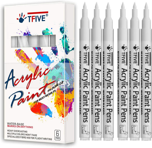 White Marker Paint Pens - 6 Pack Acrylic White Permanent Marker, 0.7mm Extra Fine Tip Paint Pen for Art projects, Drawing, Rock Painting, Stone, Ceramic, Glass, Wood, Plastic, Metal, Canvas DIY Crafts
