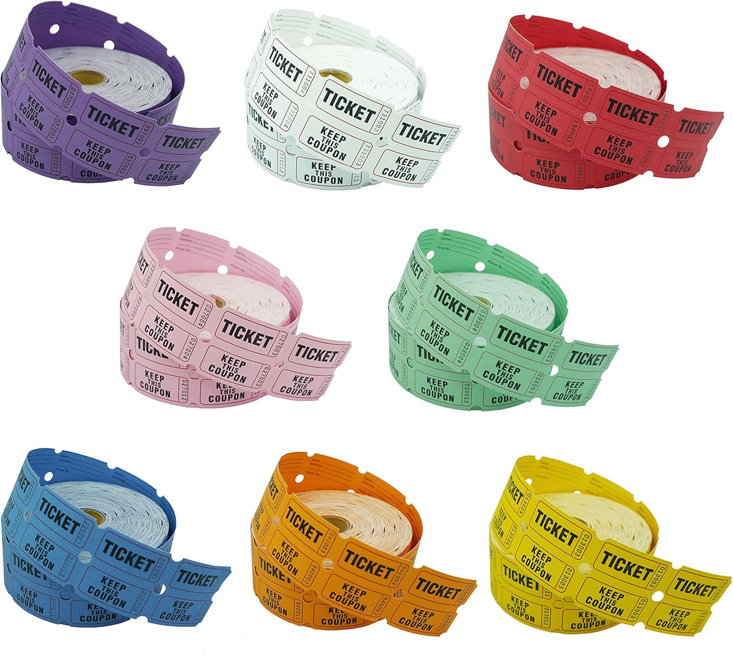 DNB 8000 Pairs Raffle Tickets - 8 Color Set of 1000 2 x 2 Inch 50/50 Double Roll Raffle Tickets - Pink/Red/White/Green/Blue/Yellow/Orange/Purple