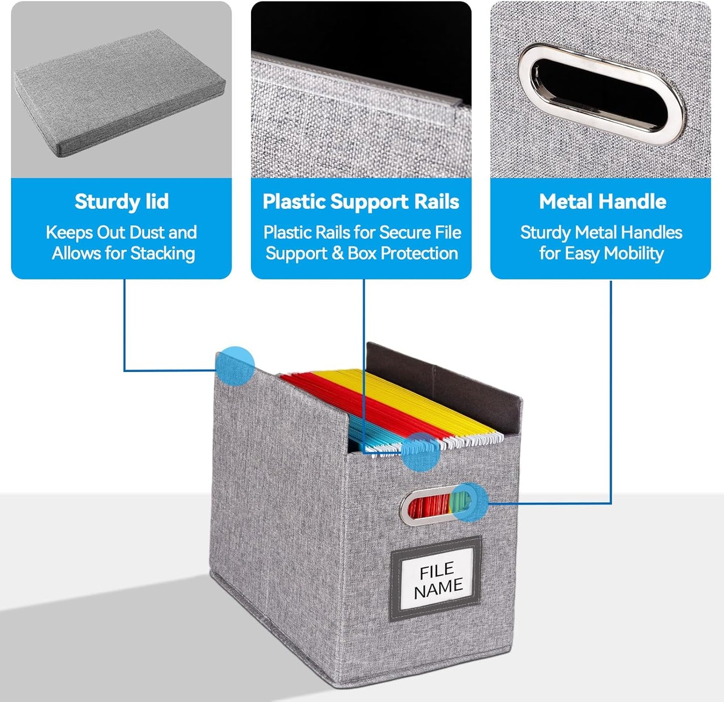 4 Pack Hanging File Folders Organizer with Lid, Letter Size Fabric File Storage Box Collapsible, Portable Office Document Holder with Metal Handle, Smooth PVC Rails, Gray